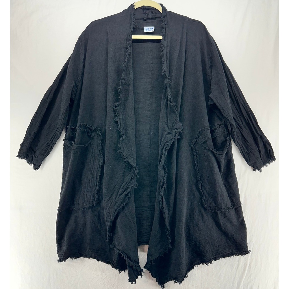 Oh My Gauze Womens Black Cotton Gauze Frayed Open Front Cardigan Jacket Pockets - Picture 1 of 7